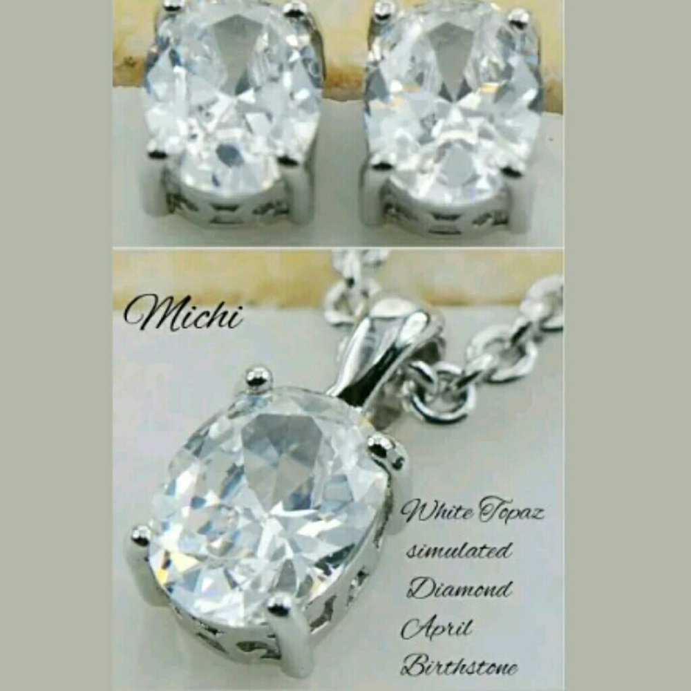 solitaire simulated White Topaz necklace Earrings